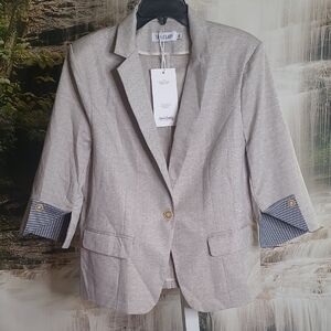 NWT! SusieLady Womens 2XL sandy beige navy stripe accent blazer jacket